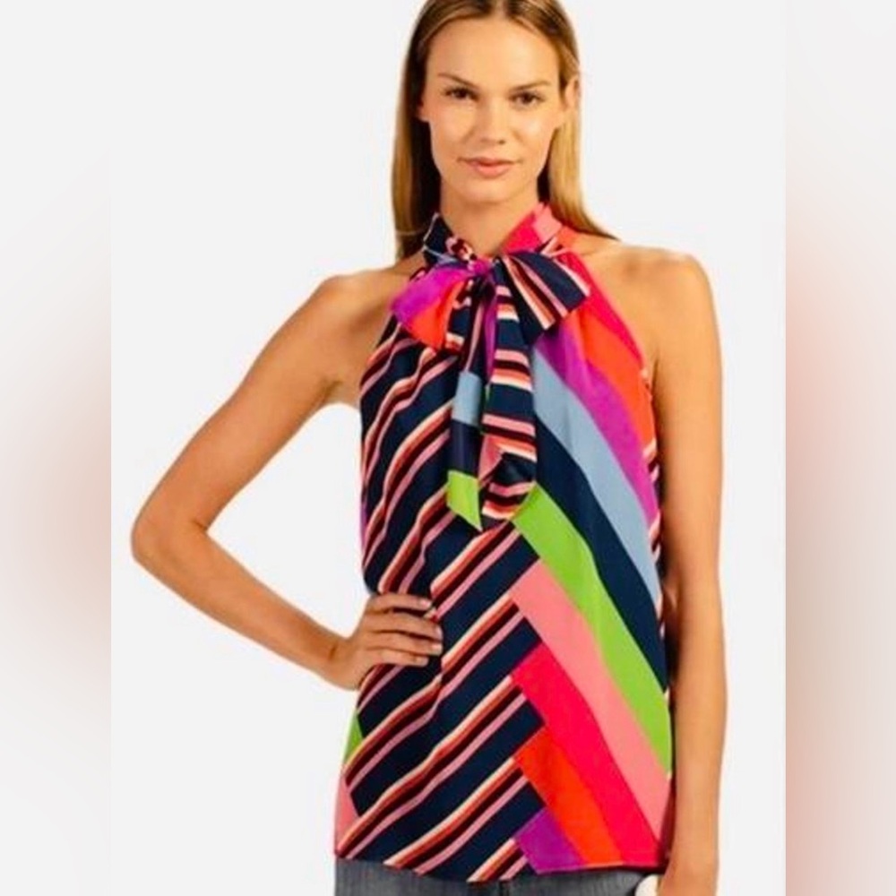 Women's Trina Turk Vibrant Multicolor Striped Halter Blouse Small Tie Neck Chic‎